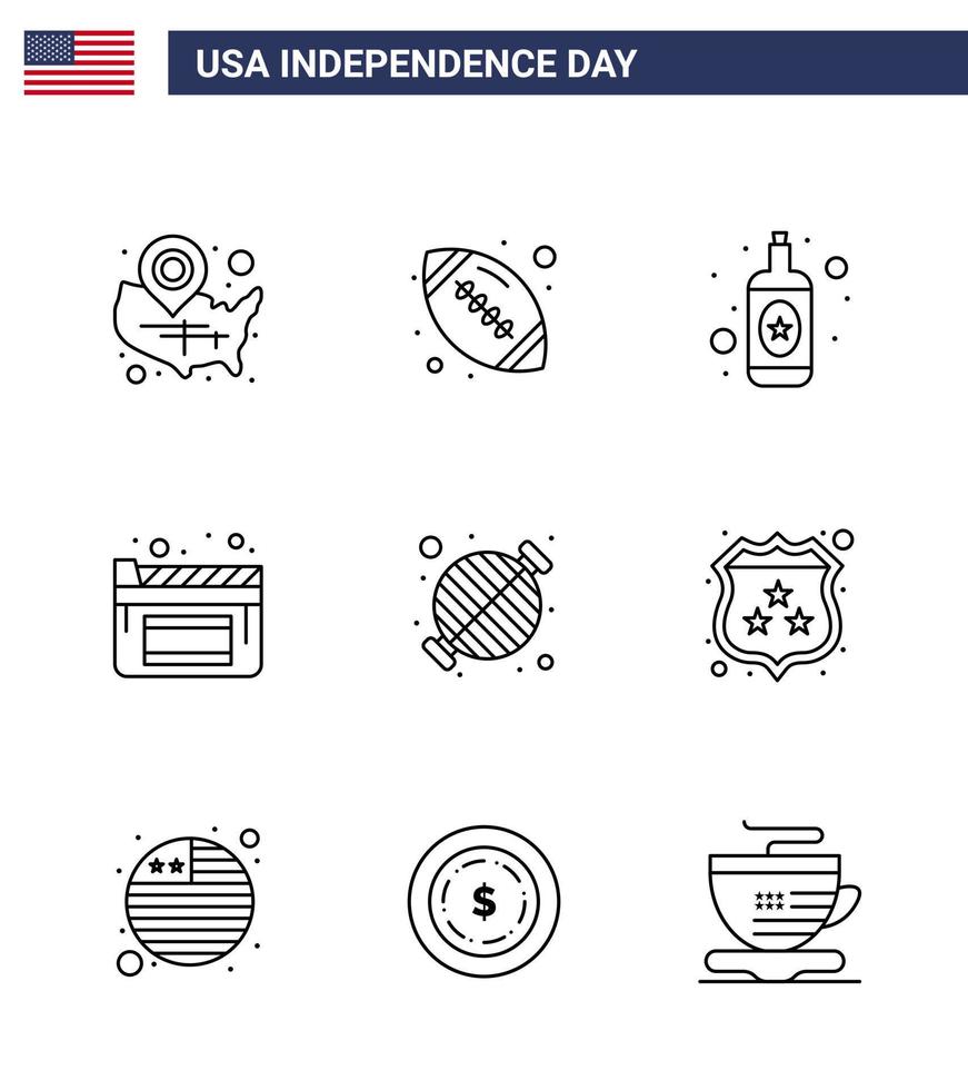 feliz paquete del día de la independencia de 9 líneas de signos y símbolos para barbacoa comida bola americana película cine editable día de los ee.uu. elementos de diseño vectorial vector