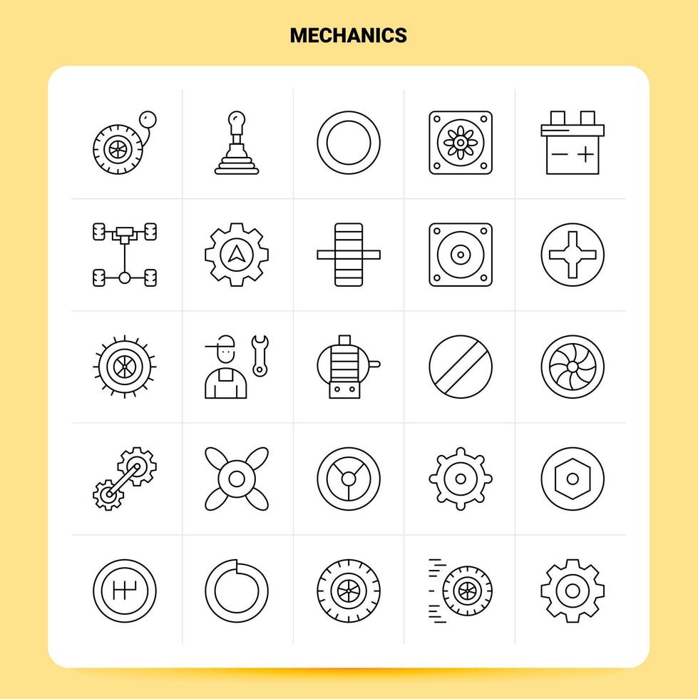 OutLine 25 Mechanics Icon set Vector Line Style Design Black Icons Set Linear pictogram pack Web and Mobile Business ideas design Vector Illustration