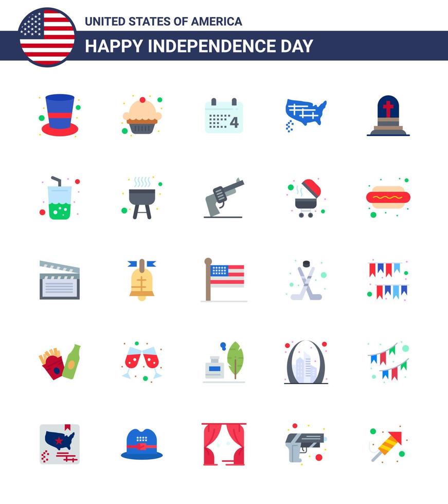 USA Happy Independence DayPictogram Set of 25 Simple Flats of gravestone death day usa states Editable USA Day Vector Design Elements
