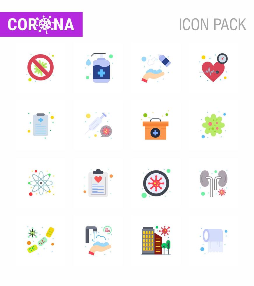 conjunto de iconos de prevención de coronavirus 16 iconos de color plano, como pulso, jabón, lavado de manos, aerosol, coronavirus viral 2019nov, elementos de diseño de vectores de enfermedades