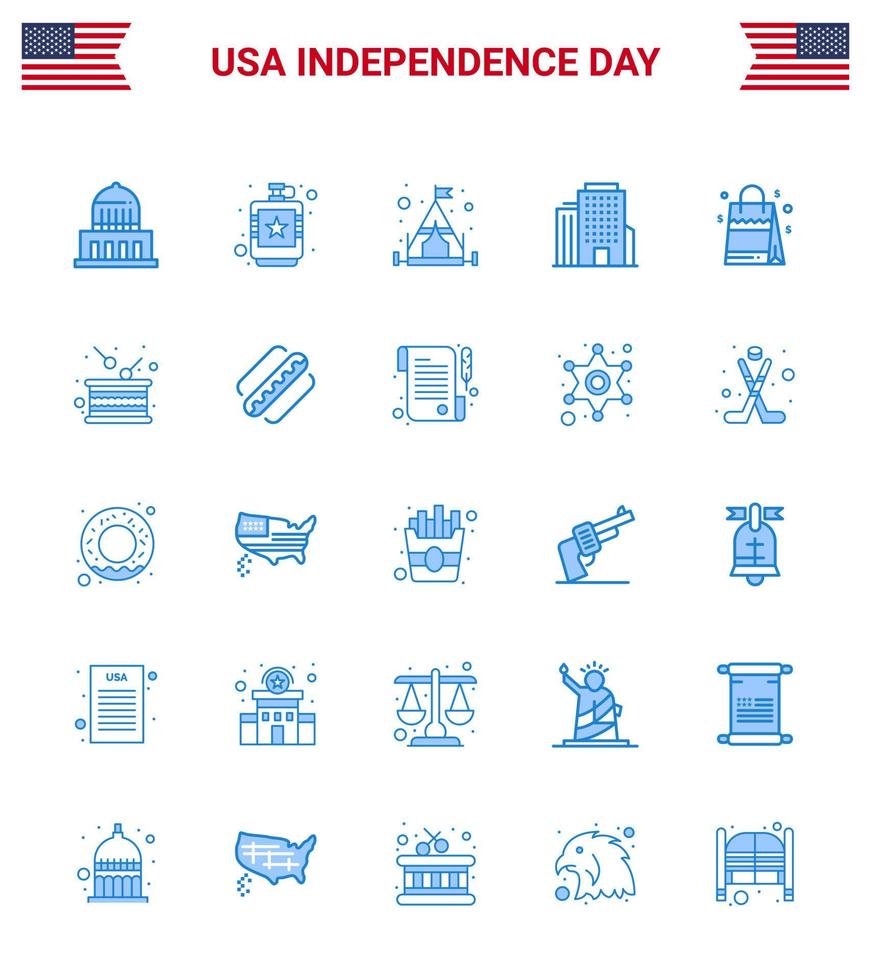 Set of 25 Vector Blues on 4th July USA Independence Day such as usa bag liquid american building Editable USA Day Vector Design Elements