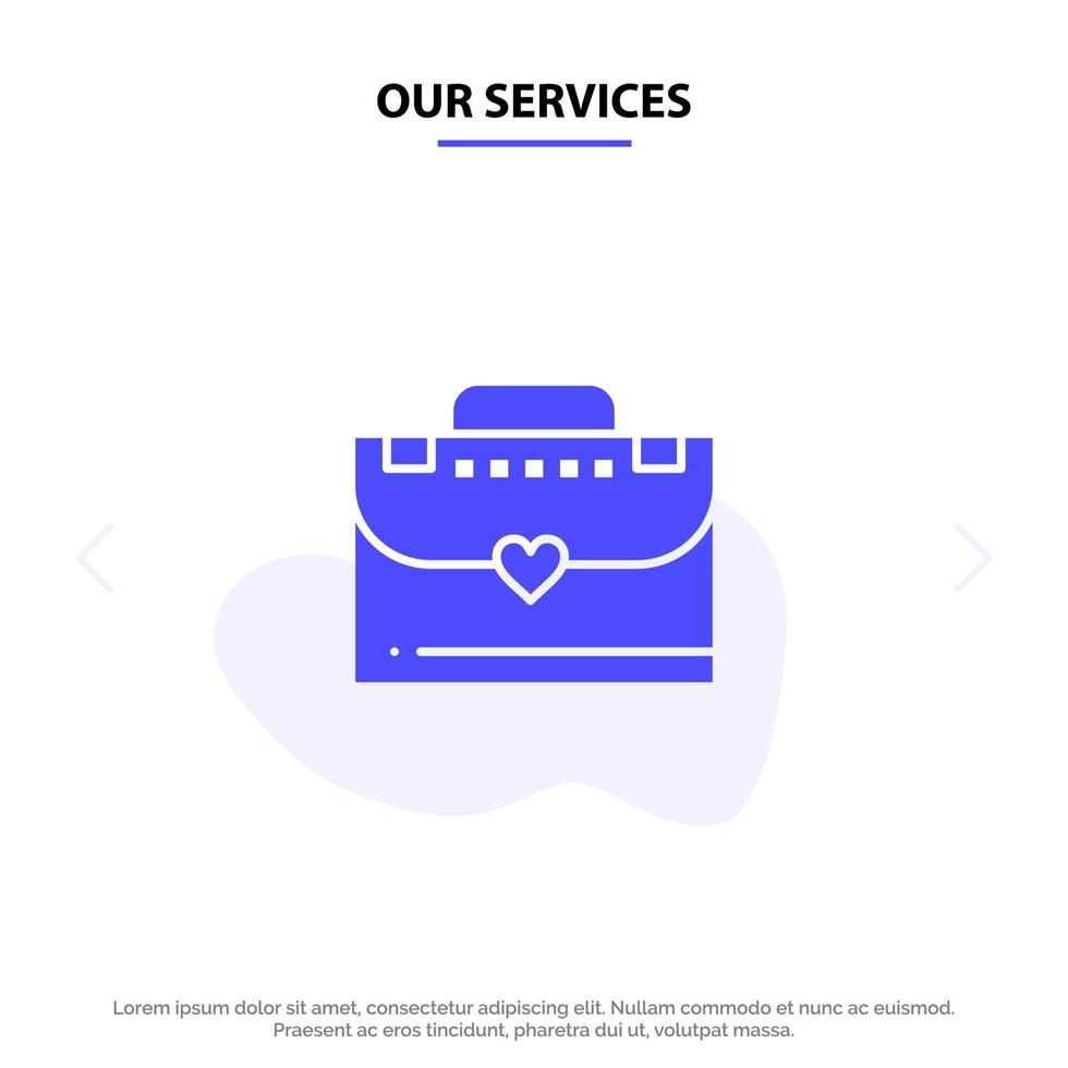 nuestros servicios bolsa maletín amor glifo sólido icono plantilla de tarjeta web vector