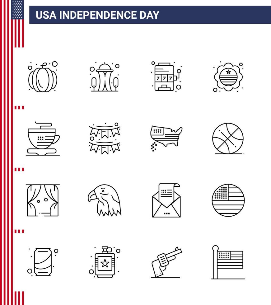 Happy Independence Day Pack of 16 Lines Signs and Symbols for coffee tea machine badge flag Editable USA Day Vector Design Elements