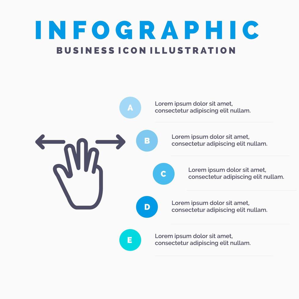 gestos mano móvil tres dedos línea icono con 5 pasos presentación infografía fondo vector