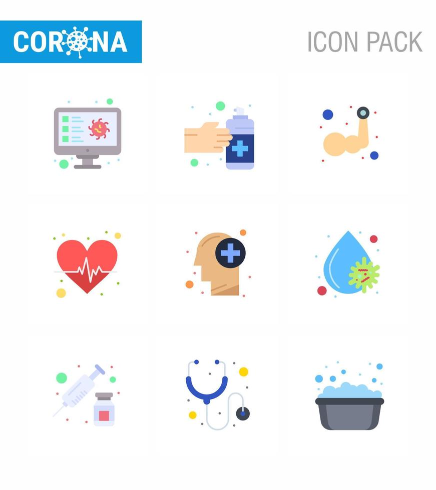 Covid19 Protection CoronaVirus Pendamic 9 Flat Color icon set such as heart care heart spray beat muscle viral coronavirus 2019nov disease Vector Design Elements