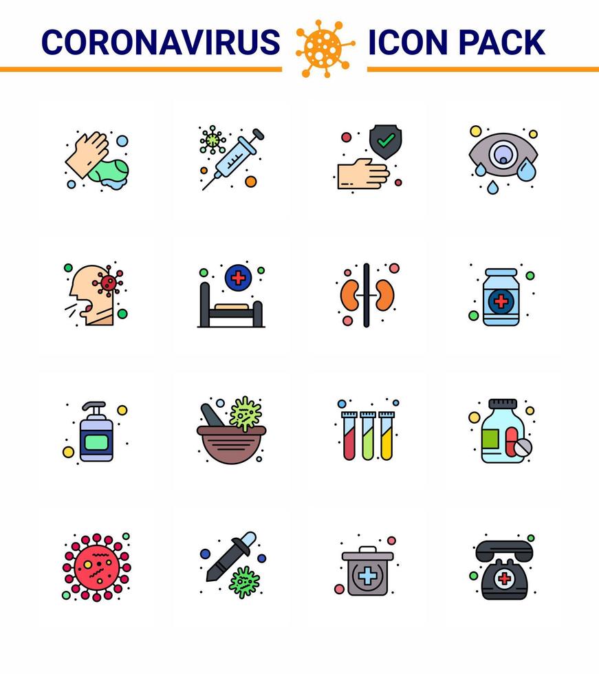 Covid19 icon set for infographic 16 Flat Color Filled Line pack such as healthcare human eye clean eye infection conjunctivitis viral coronavirus 2019nov disease Vector Design Elements