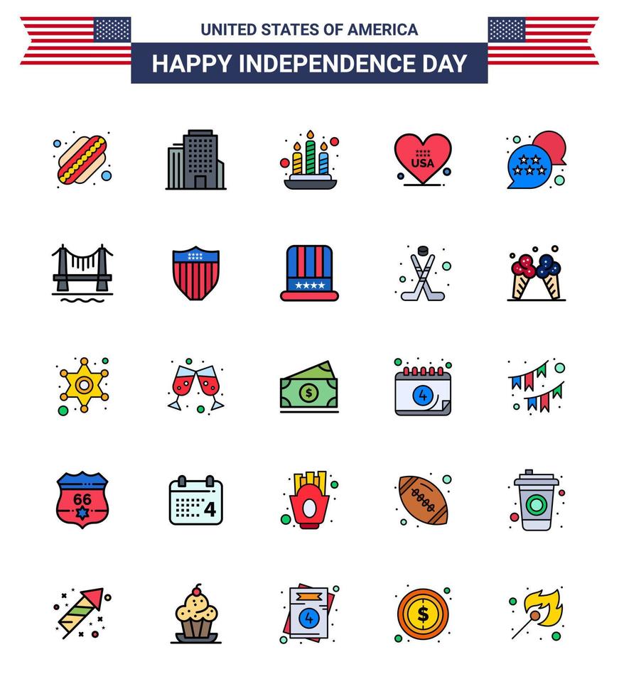 paquete de feliz día de la independencia de 25 líneas planas llenas de signos y símbolos para bridge star light usa usa elementos de diseño vectorial editables del día de usa vector