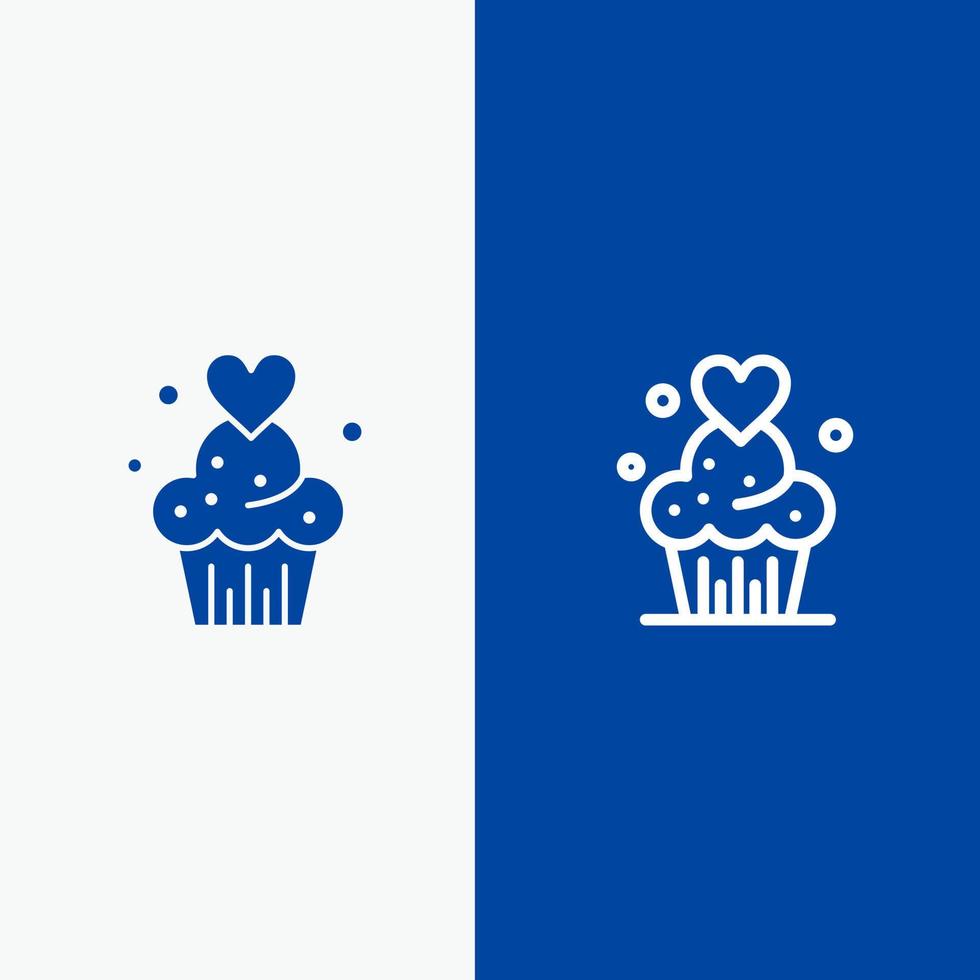pastel cupcake muffins dulces horneados línea y glifo icono sólido banner azul línea y glifo icono sólido banner azul vector