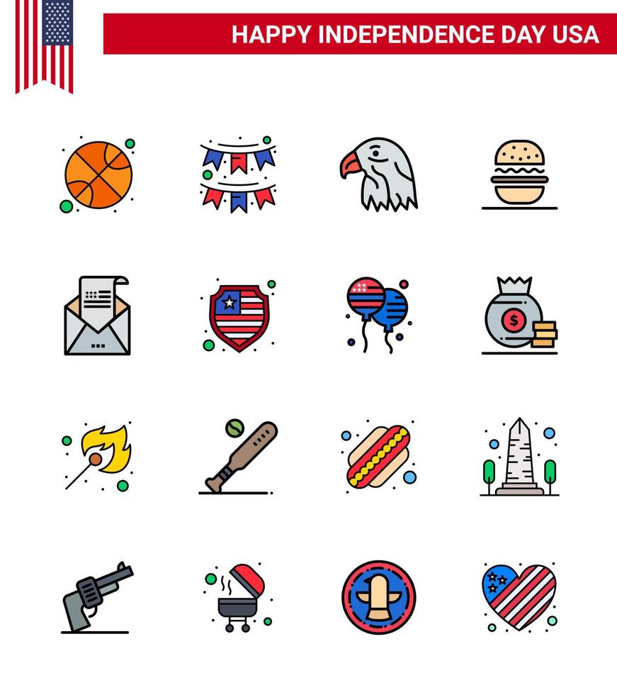 Group of 16 Flat Filled Lines Set for Independence day of United States of America such as email american garland eat usa Editable USA Day Vector Design Elements