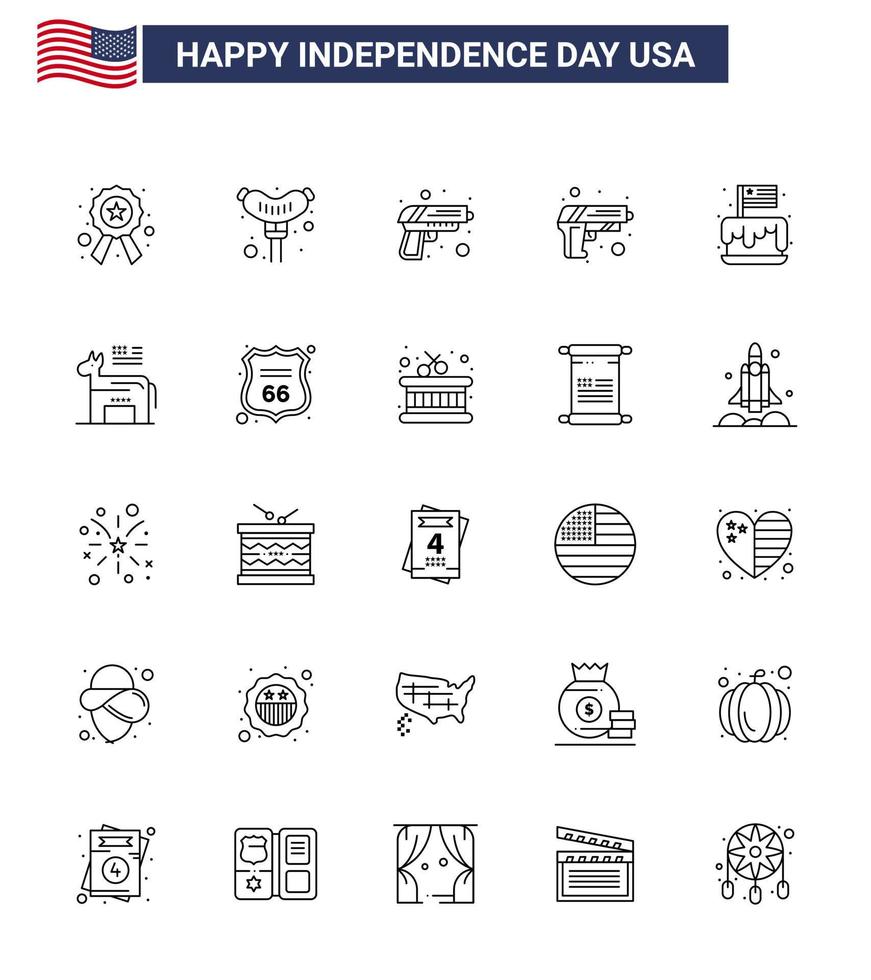 Line Pack of 25 USA Independence Day Symbols of american usa security party cake Editable USA Day Vector Design Elements