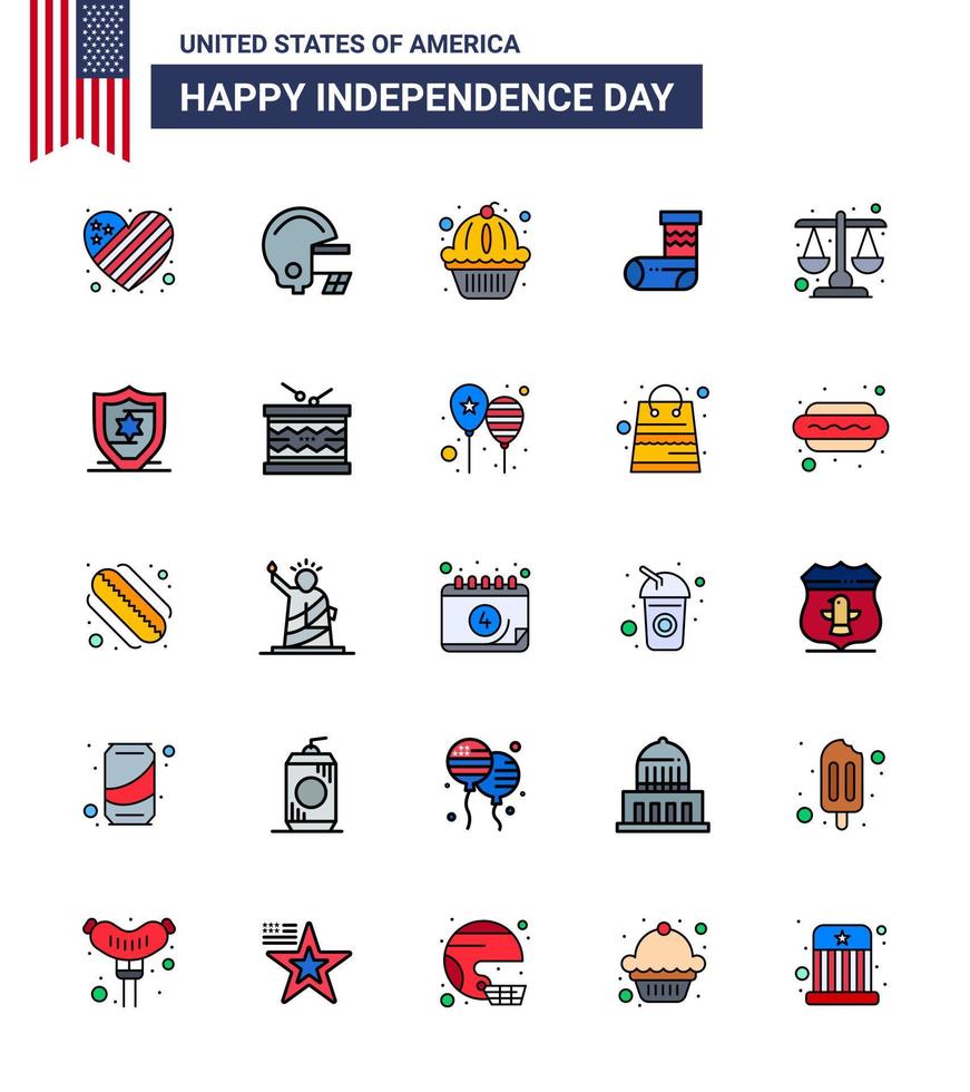 Set of 25 Modern Flat Filled Lines pack on USA Independence Day law court muffin gift christmas Editable USA Day Vector Design Elements