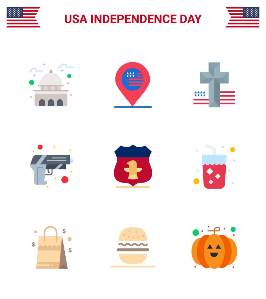 Happy Independence Day USA Pack of 9 Creative Flats of usa weapon sign army gun Editable USA Day Vector Design Elements