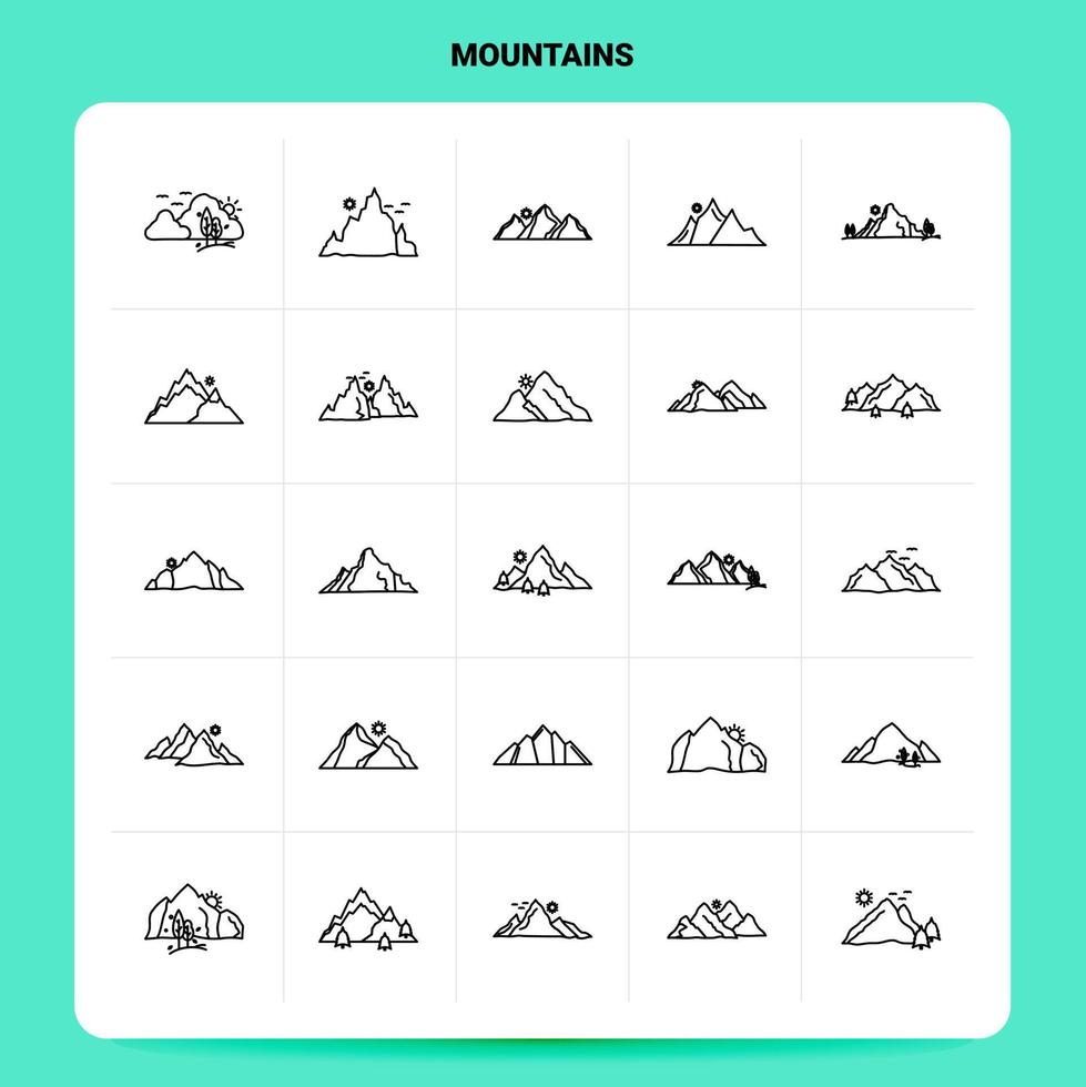 OutLine 25 Mountains Icon set Vector Line Style Design Black Icons Set Linear pictogram pack Web and Mobile Business ideas design Vector Illustration