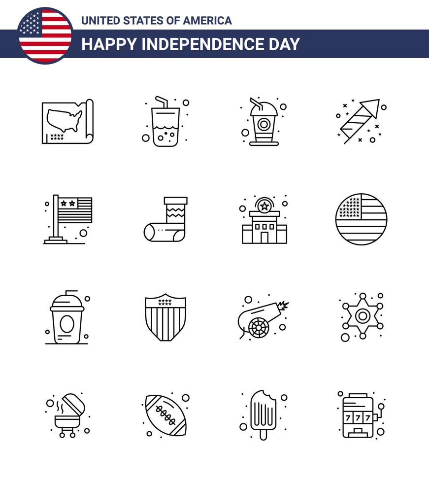 feliz día de la independencia 4 de julio conjunto de 16 líneas pictografía americana de celebración de fuegos artificiales de botella de vacaciones de bandera elementos de diseño de vector de día de estados unidos editables