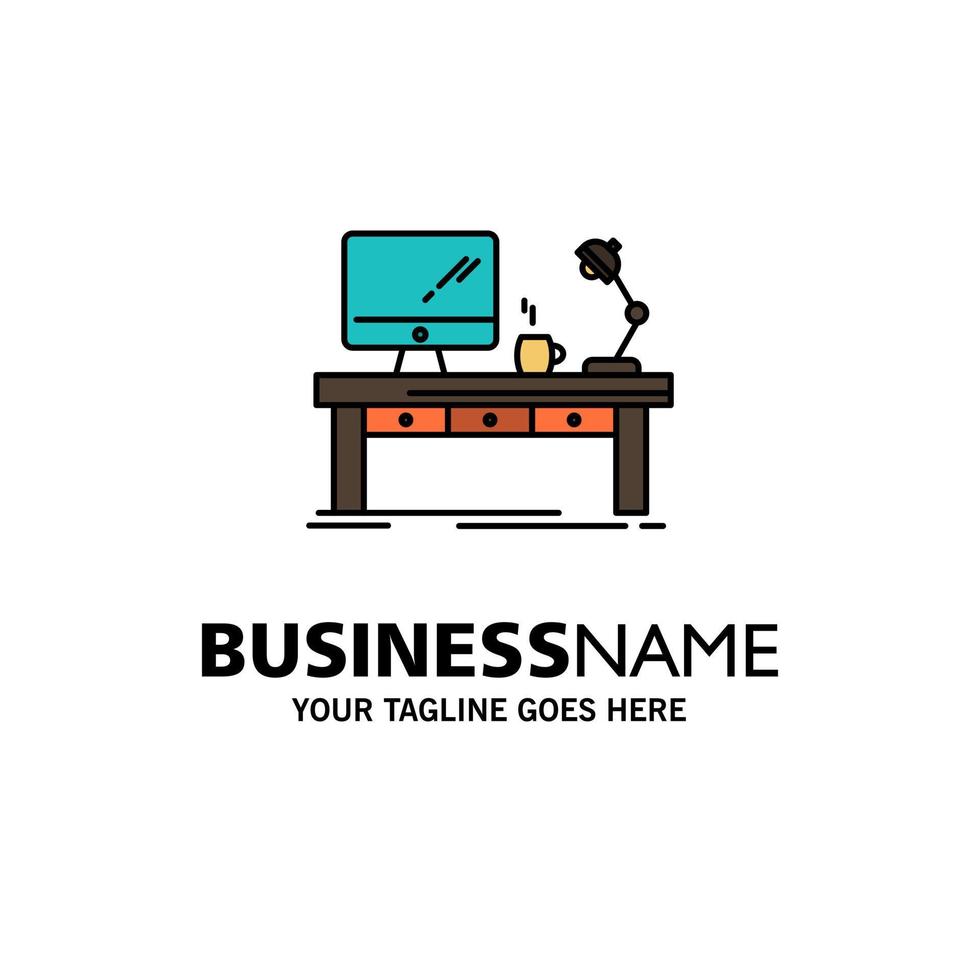 Workplace Business Computer Desk Lamp Office Table Business Logo Template Flat Color vector