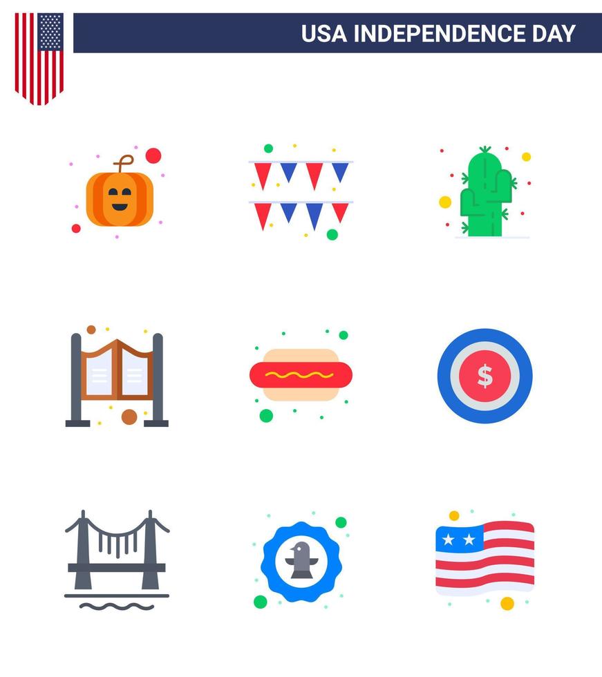 feliz día de la independencia 4 de julio conjunto de 9 pisos pictograma americano de hot i dog plant hot dog saloon elementos de diseño vectorial del día de estados unidos editables vector