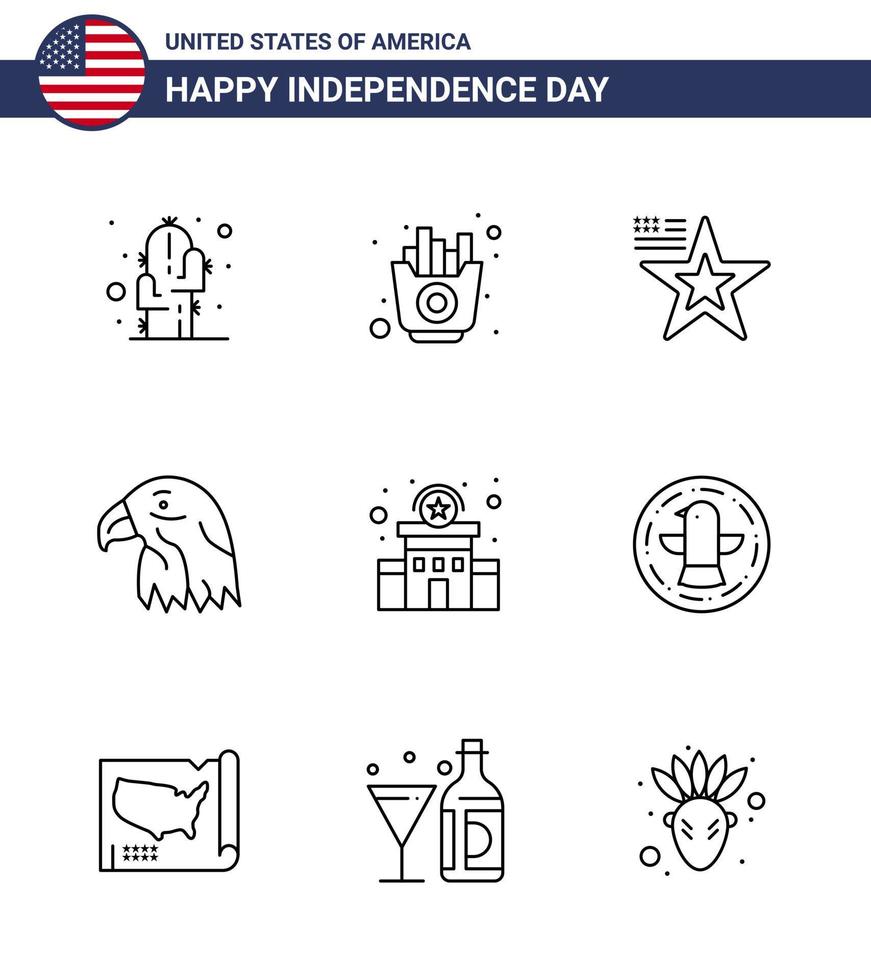 Pack of 9 creative USA Independence Day related Lines of police usa star eagle animal Editable USA Day Vector Design Elements