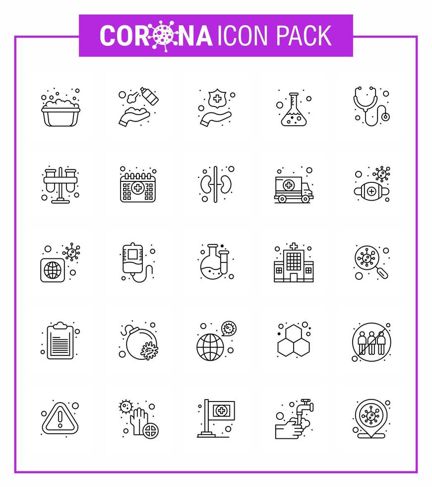 Coronavirus Precaution Tips icon for healthcare guidelines presentation 25 line icon pack such as medical test washing science flask viral coronavirus 2019nov disease Vector Design Elements