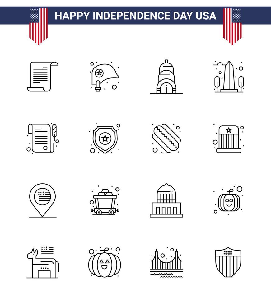 16 USA Line Signs Independence Day Celebration Symbols of receipt washington chrysler usa monument Editable USA Day Vector Design Elements