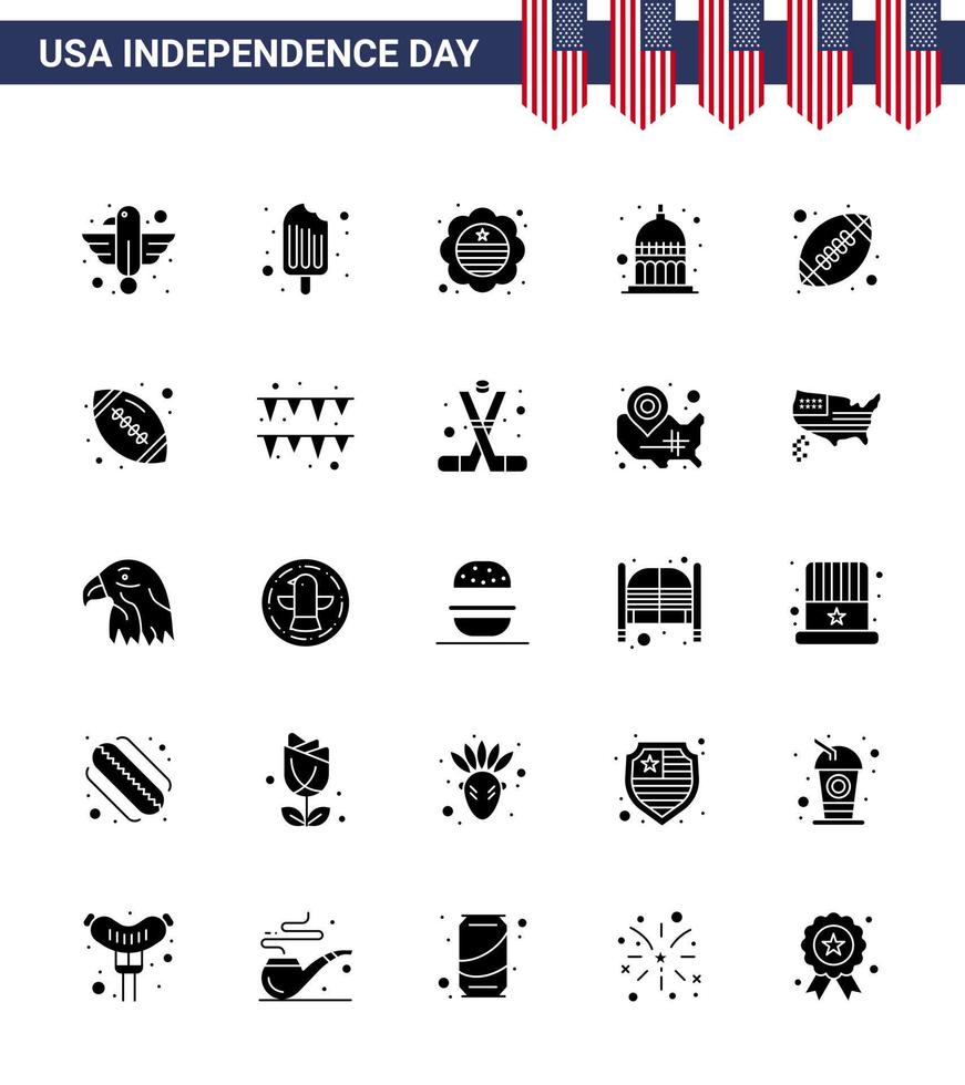 Solid Glyph Pack of 25 USA Independence Day Symbols of ball statehouse ice cream indianapolis badge Editable USA Day Vector Design Elements