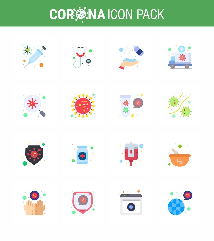 Covid19 icon set for infographic 16 Flat Color pack such as bacteria transportation clean medical ambulance viral coronavirus 2019nov disease Vector Design Elements