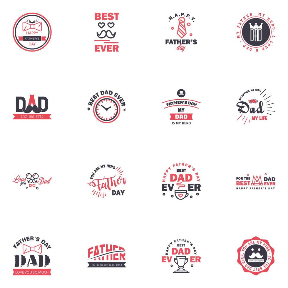 Happy Fathers day greeting hand lettering badges 16 Black and Pink Typo isolated on white Typography design template for poster banner gift card t shirt print label sticker Retro vintage style vector