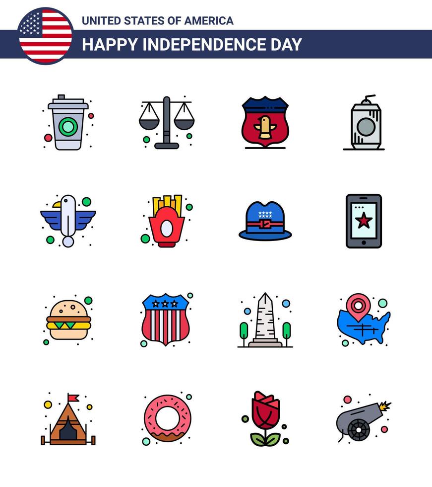 paquete de línea llena plana de 16 símbolos del día de la independencia de estados unidos de pájaro americano estados unidos cola editable elementos de diseño vectorial del día de estados unidos vector