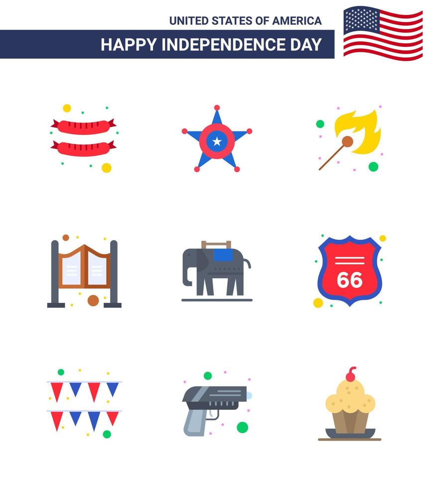 conjunto de 9 iconos del día de ee.uu. símbolos americanos signos del día de la independencia para el fuego de elefante de ee.uu. hogar occidental elementos de diseño de vector de día de ee.uu. editables