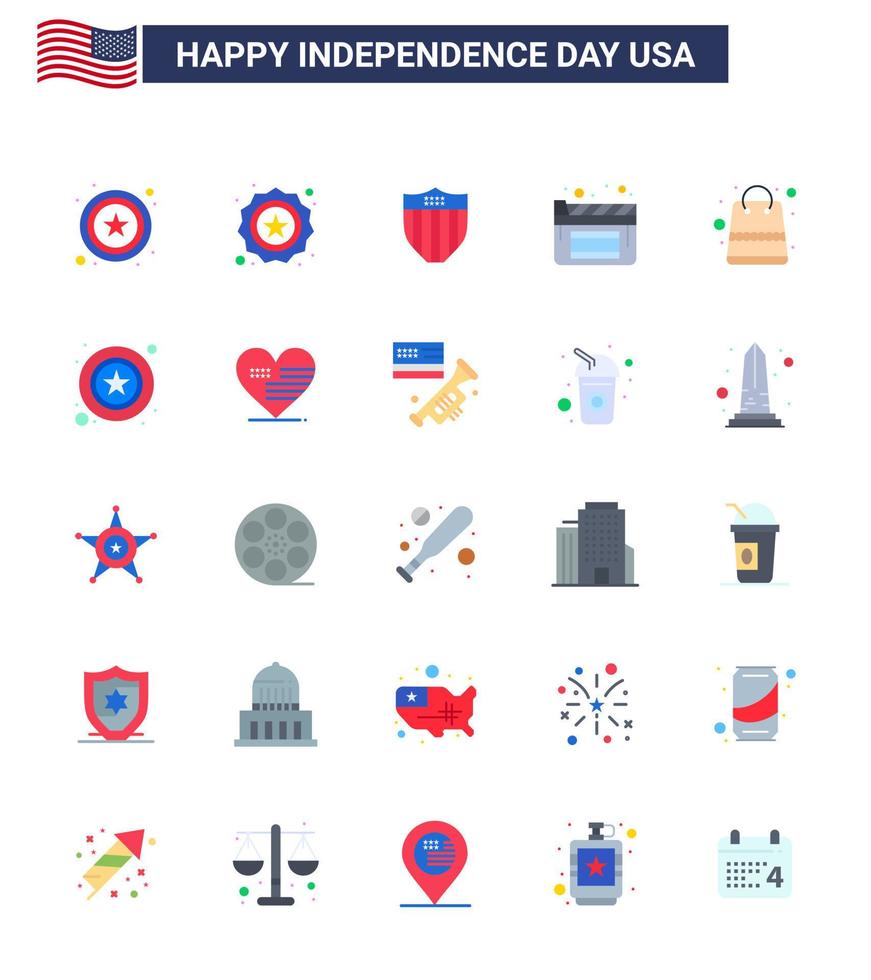 Set of 25 Modern Flats pack on USA Independence Day shop money shield bag movies Editable USA Day Vector Design Elements