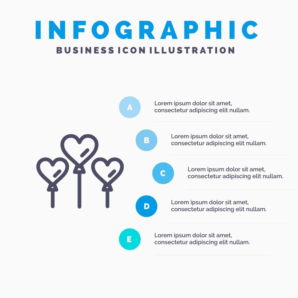 corazón globo amor azul infografía plantilla 5 pasos vector línea icono plantilla