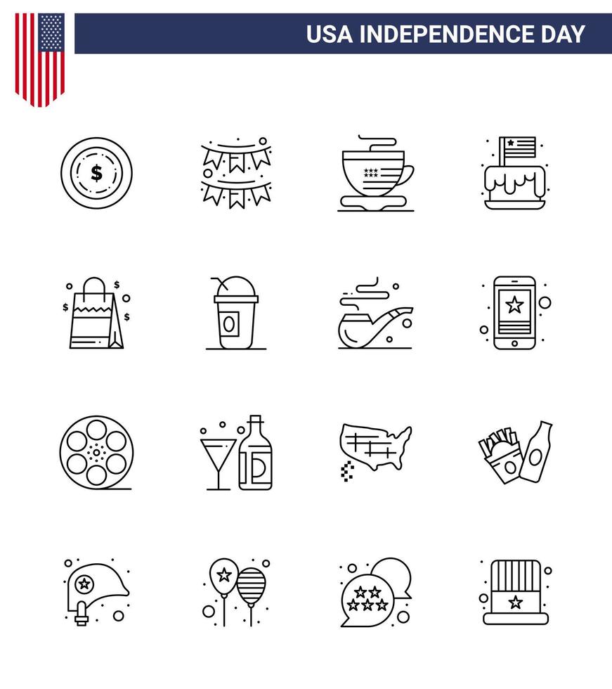 Big Pack of 16 USA Happy Independence Day USA Vector Lines and Editable Symbols of handbag usa tea party cake Editable USA Day Vector Design Elements