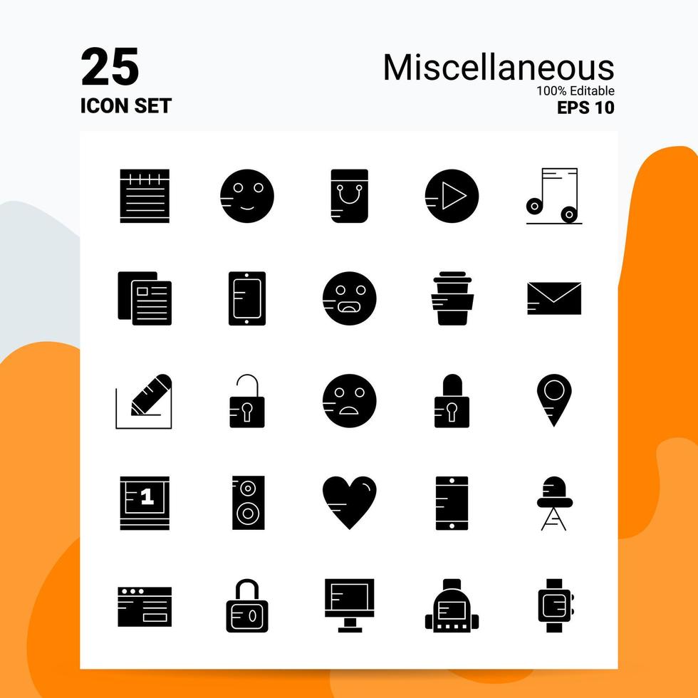 25 Miscellaneous Icon Set 100 Editable EPS 10 Files Business Logo Concept Ideas Solid Glyph icon design vector