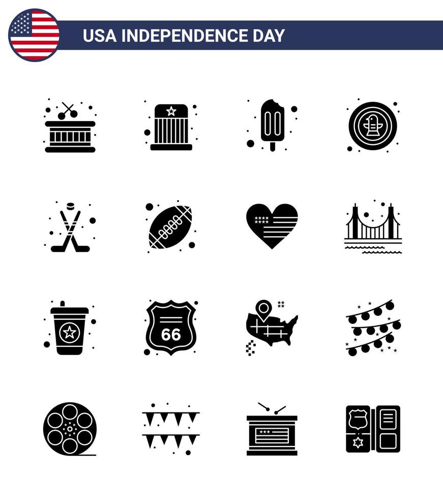 Set of 16 Modern Solid Glyphs pack on USA Independence Day ice american popsicle badge celebration Editable USA Day Vector Design Elements