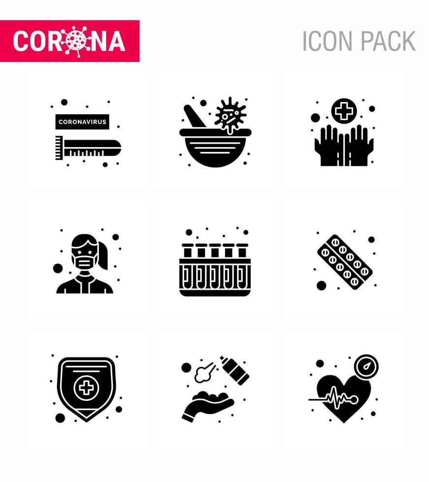 Corona virus 2019 and 2020 epidemic 9 Solid Glyph Black icon pack such as chemistry safety hands protection face viral coronavirus 2019nov disease Vector Design Elements