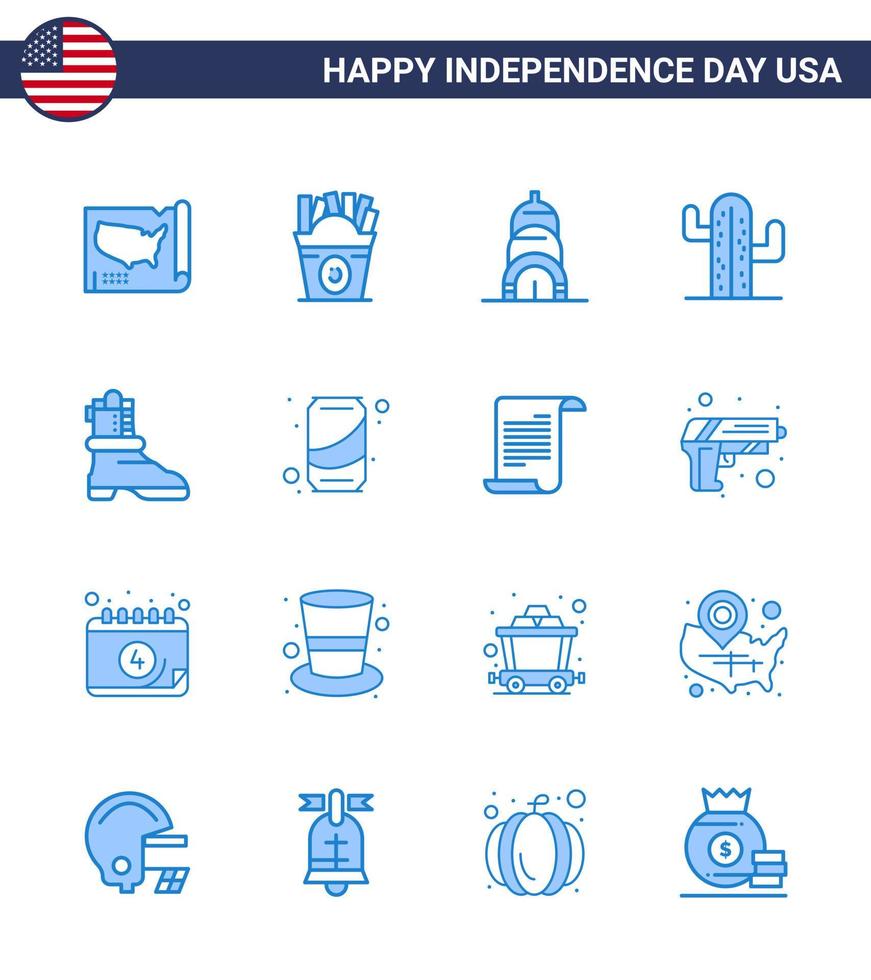 Happy Independence Day 4th July Set of 16 Blues American Pictograph of american shose chrysler american usa Editable USA Day Vector Design Elements