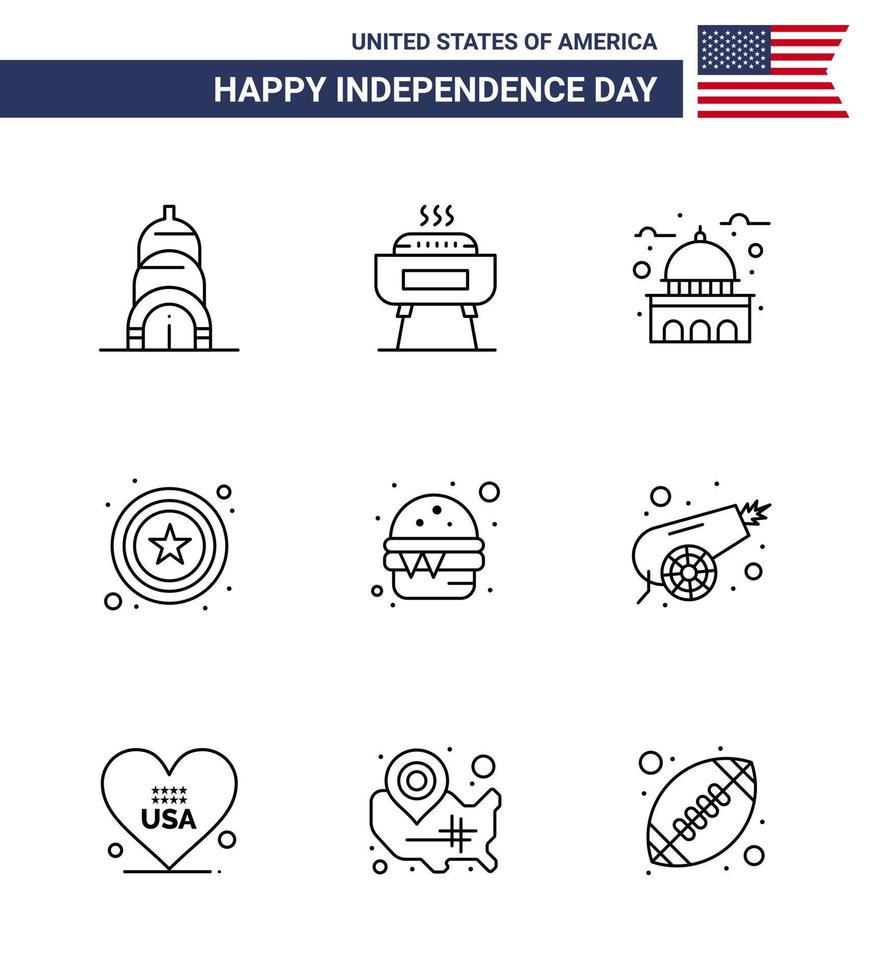 9 USA Line Pack of Independence Day Signs and Symbols of food burger house sign police Editable USA Day Vector Design Elements