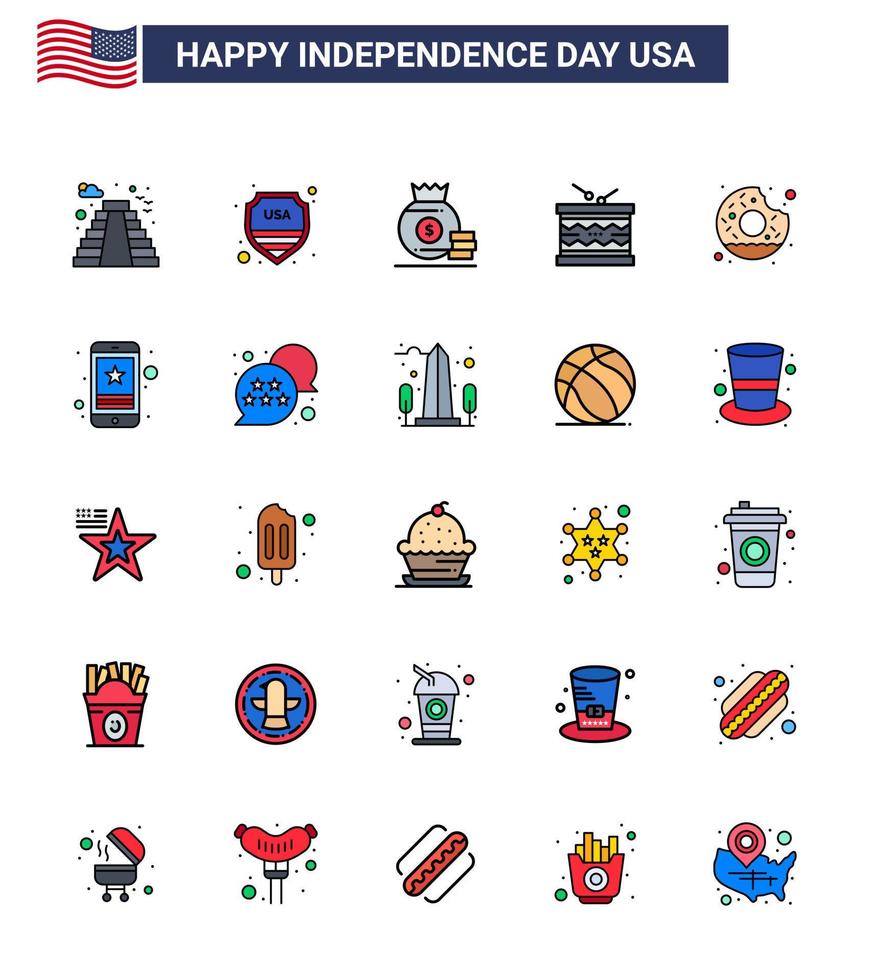 4 de julio usa feliz día de la independencia icono símbolos grupo de 25 líneas planas modernas llenas de donut desfile dólar irlandés tambor editable usa día vector elementos de diseño