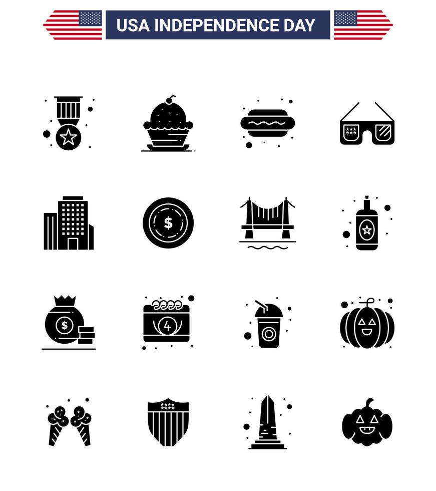 Pack of 16 creative USA Independence Day related Solid Glyphs of building imerican thanksgiving glasses hot i Editable USA Day Vector Design Elements