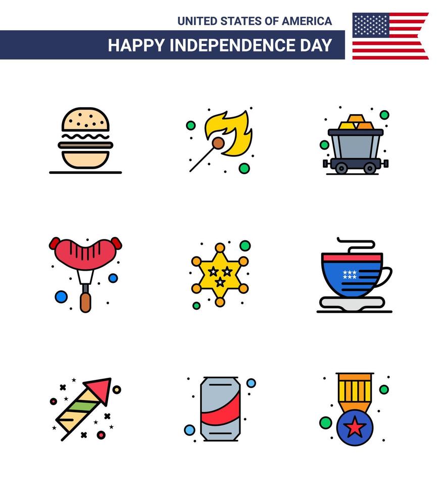 4th July USA Happy Independence Day Icon Symbols Group of 9 Modern Flat Filled Lines of star military cart badge frankfurter Editable USA Day Vector Design Elements