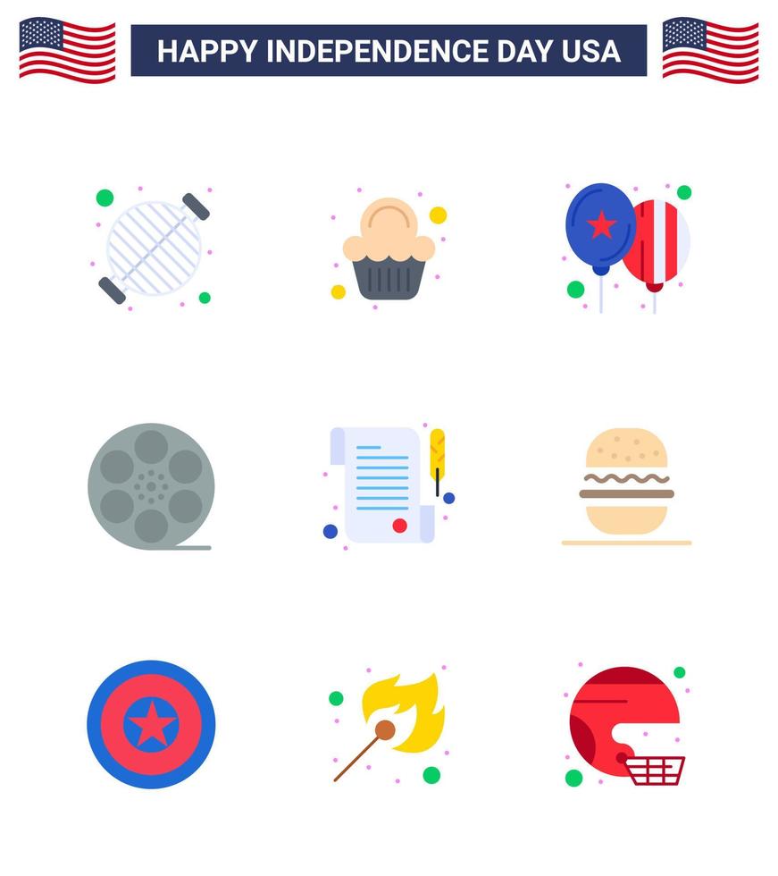 USA Happy Independence DayPictogram Set of 9 Simple Flats of paper video celebration play party Editable USA Day Vector Design Elements