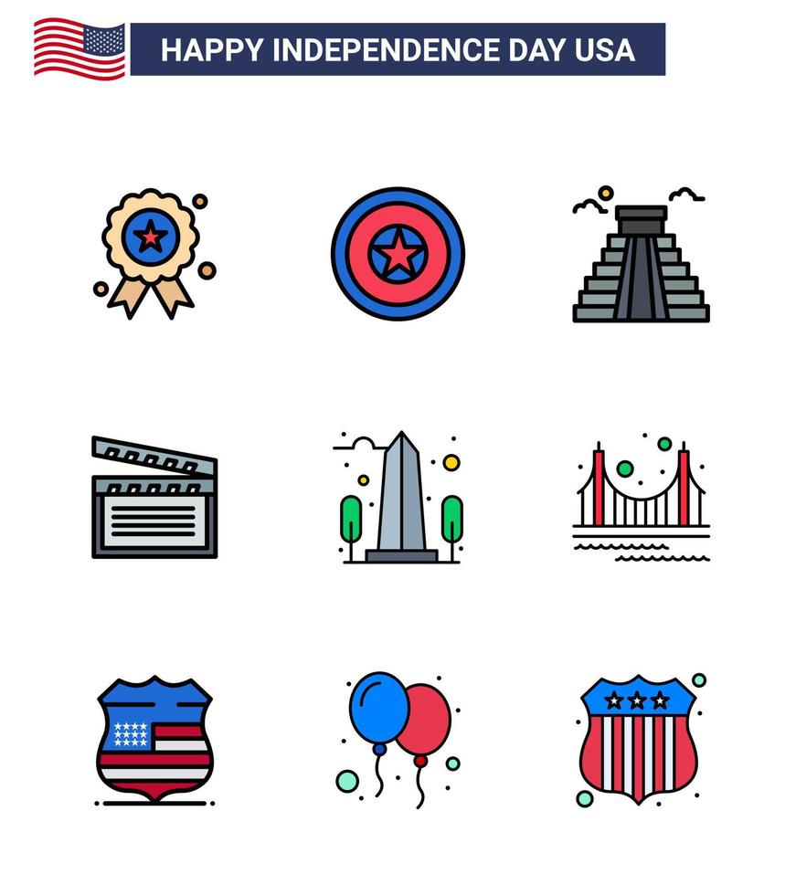 conjunto de 9 iconos del día de los ee.uu. símbolos americanos signos del día de la independencia para el puente de los ee. vector