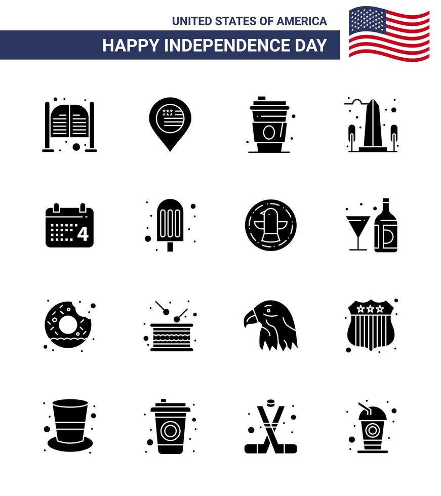 feliz día de la independencia usa paquete de 16 glifos sólidos creativos de washington vista signo monumento usa elementos de diseño vectorial editables del día de usa vector