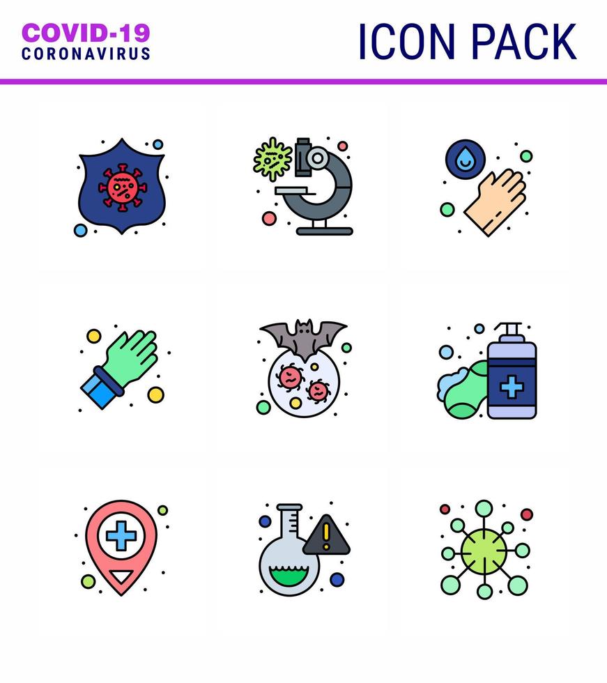 Coronavirus Awareness icon 9 Filled Line Flat Color icons icon included corona bat hands care hand viral coronavirus 2019nov disease Vector Design Elements