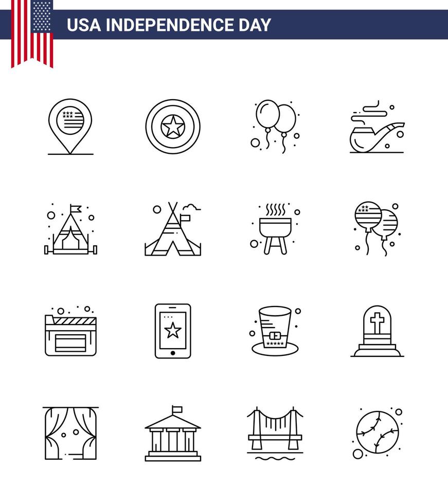 Happy Independence Day 16 Lines Icon Pack for Web and Print tent camp balloons st pipe Editable USA Day Vector Design Elements