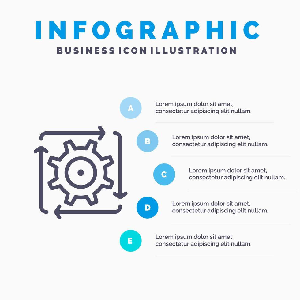 icono de línea de operación de flujo de desarrollo de automatización de flujo de trabajo con fondo de infografía de presentación de 5 pasos vector