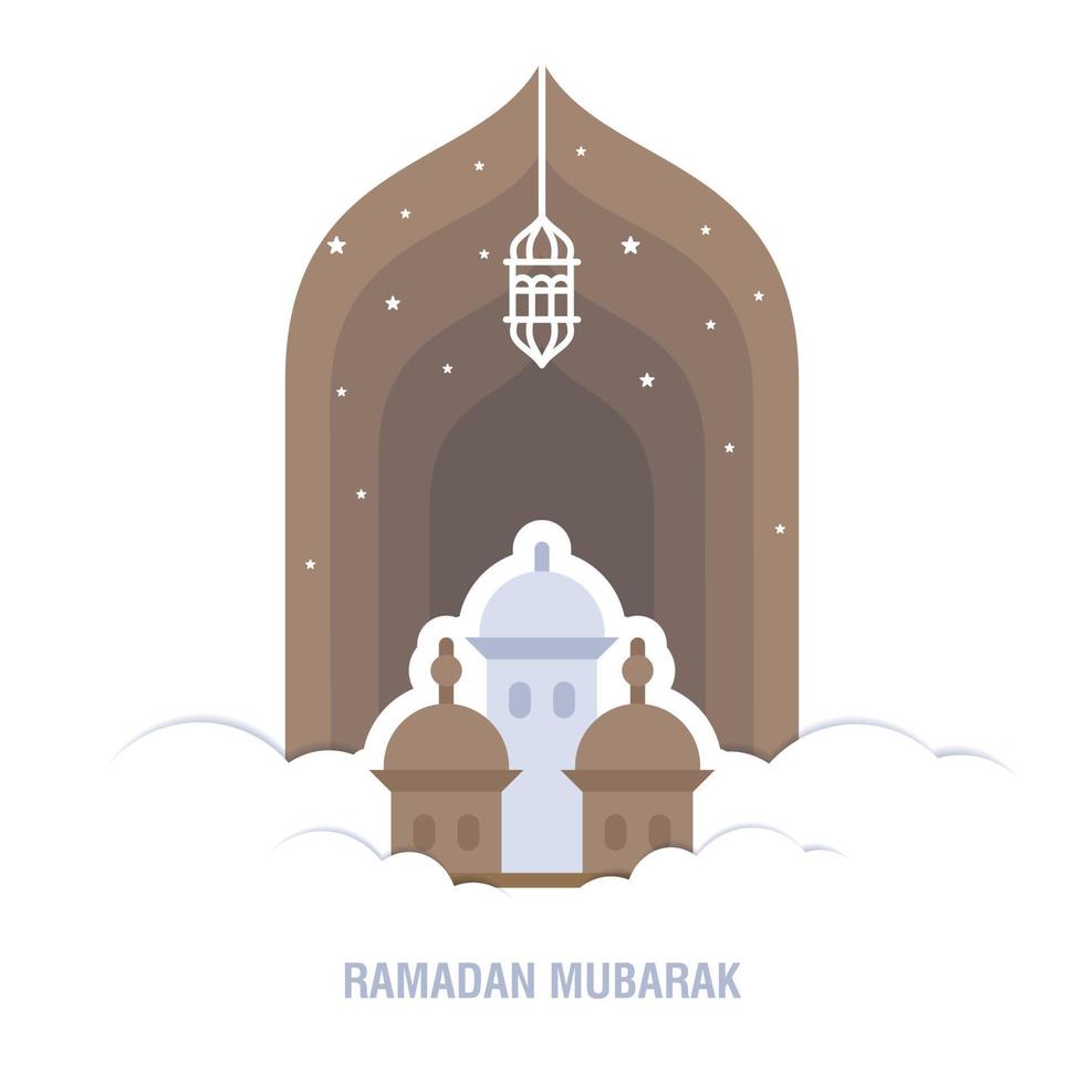 Ramadan Kareem islamic design crescent moon and mosque dome silhouette with arabic pattern and calligraphy vector