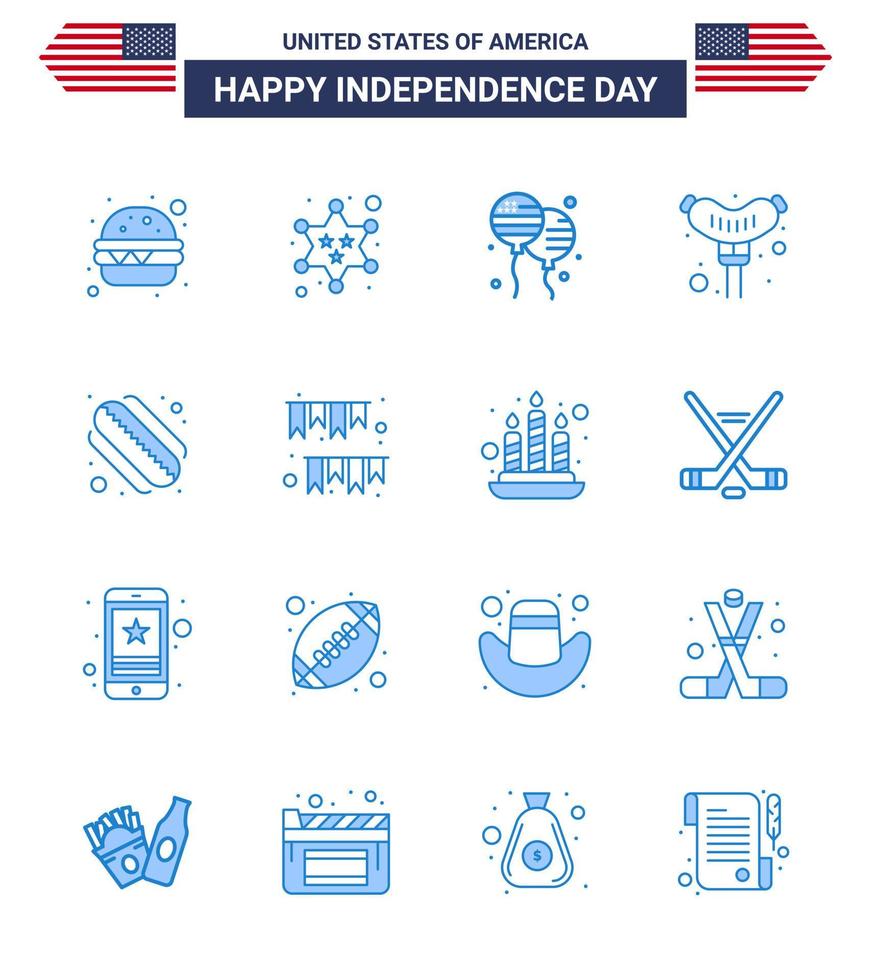 paquete azul de 16 símbolos del día de la independencia de estados unidos del día americano hotdog bloons frankfurter americano elementos de diseño vectorial editables del día de estados unidos vector