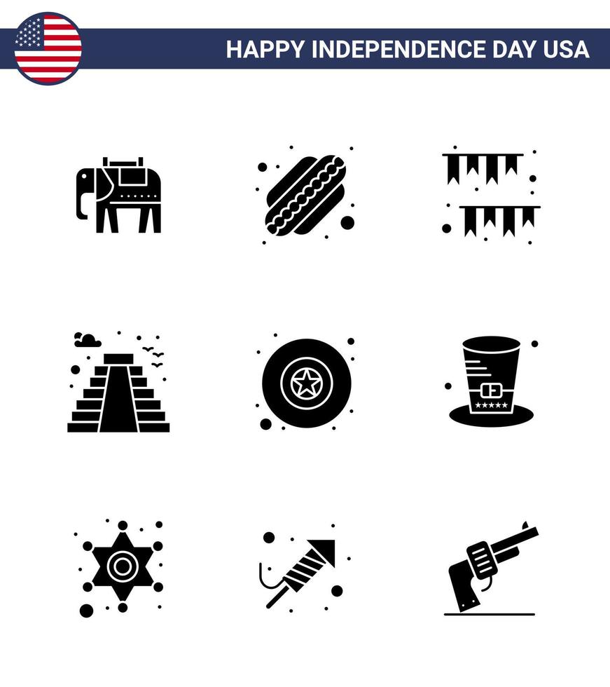Stock Vector Icon Pack of American Day 9 Line Signs and Symbols for star badge buntings usa building Editable USA Day Vector Design Elements