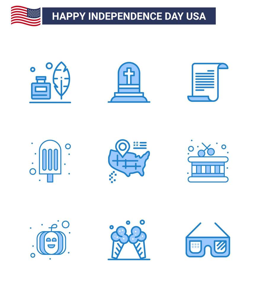 Happy Independence Day USA Pack of 9 Creative Blues of american location file ice cream cream Editable USA Day Vector Design Elements