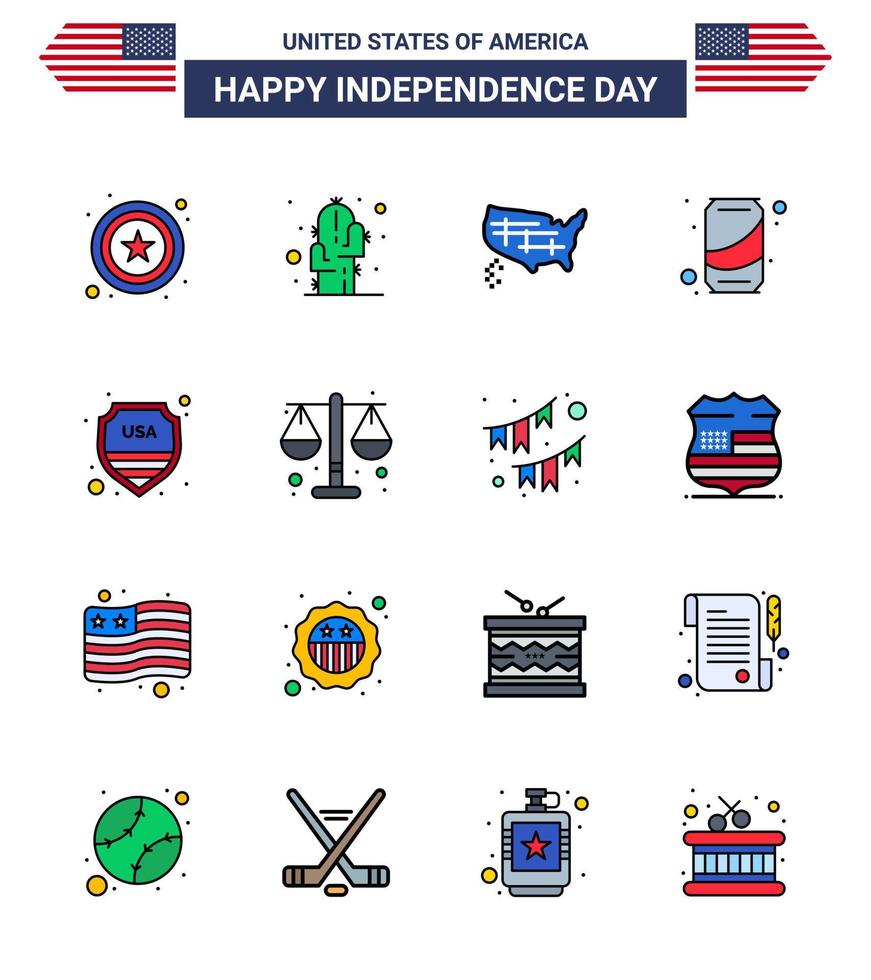 Happy Independence Day 16 Flat Filled Lines Icon Pack for Web and Print sign security states cola can Editable USA Day Vector Design Elements